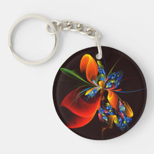 Blue Orange Floral Modern Abstract Art Pattern #03 Keychain