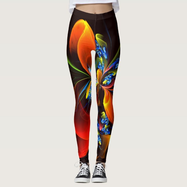 Blue Orange Floral Modern Abstract Art Pattern #03 Leggings (Front)
