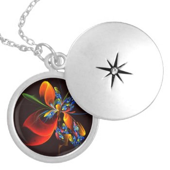 Blue Orange Floral Modern Abstract Art Pattern #03 Locket Necklace by OniArts at Zazzle