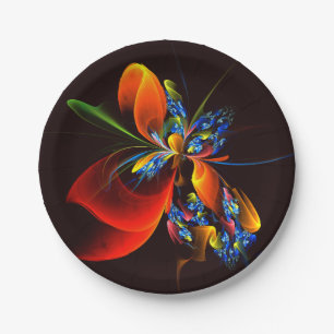 Blue Orange Floral Modern Abstract Art Pattern #03 Paper Plates