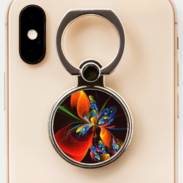 Blue Orange Floral Modern Abstract Art Pattern #03 Phone Ring Stand (Close Up)