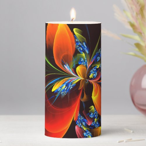 Blue Orange Floral Modern Abstract Art Pattern 03 Pillar Candle