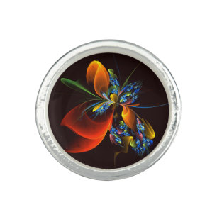 Blue Orange Floral Modern Abstract Art Pattern #03 Ring