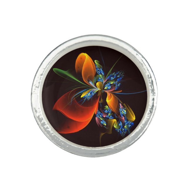 Blue Orange Floral Modern Abstract Art Pattern #03 Ring (Front)