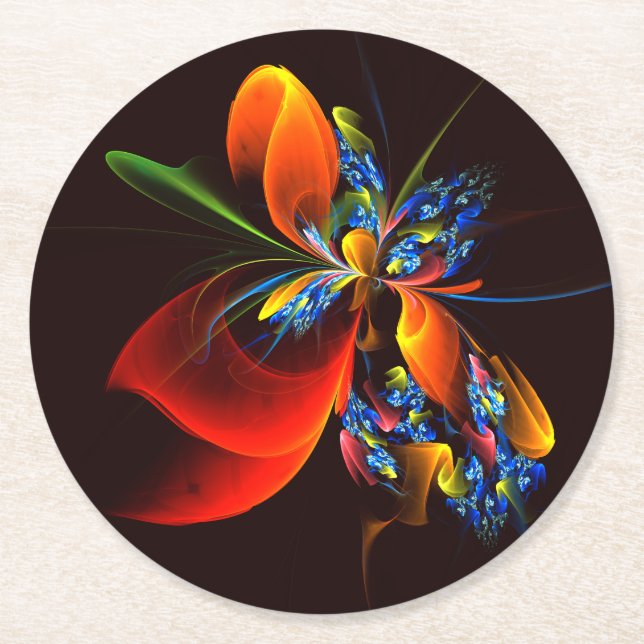 Blue Orange Floral Modern Abstract Art Pattern #03 Round Paper Coaster (Front)