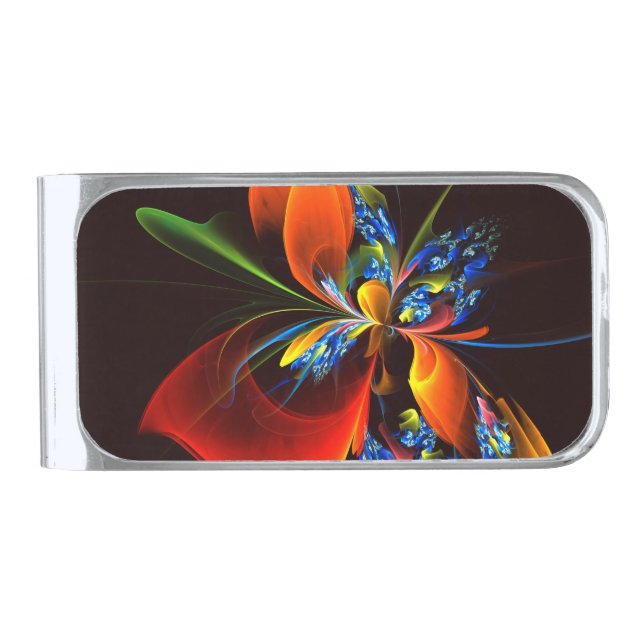 Blue Orange Floral Modern Abstract Art Pattern #03 Silver Finish Money Clip (Front)