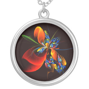 Blue Orange Floral Modern Abstract Art Pattern #03 Silver Plated Necklace