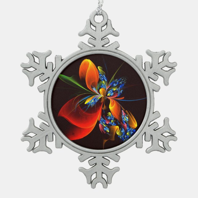 Blue Orange Floral Modern Abstract Art Pattern #03 Snowflake Pewter Christmas Ornament (Front)