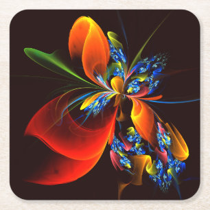 Blue Orange Floral Modern Abstract Art Pattern #03 Square Paper Coaster