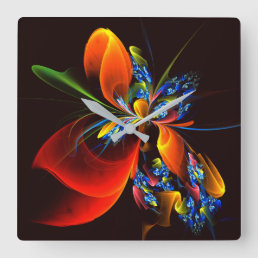 Blue Orange Floral Modern Abstract Art Pattern #03 Square Wall Clock
