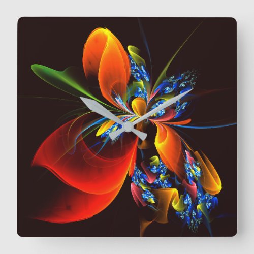 Blue Orange Floral Modern Abstract Art Pattern 03 Square Wall Clock