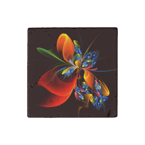 Blue Orange Floral Modern Abstract Art Pattern 03 Stone Magnet