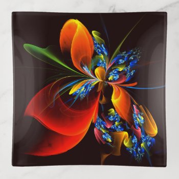 Blue Orange Floral Modern Abstract Art Pattern #03 Trinket Tray by OniArts at Zazzle