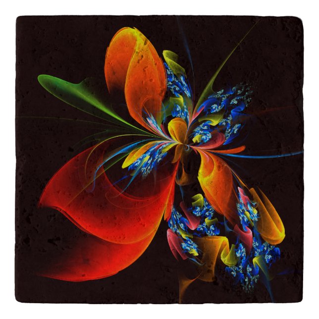 Blue Orange Floral Modern Abstract Art Pattern #03 Trivet (Front)