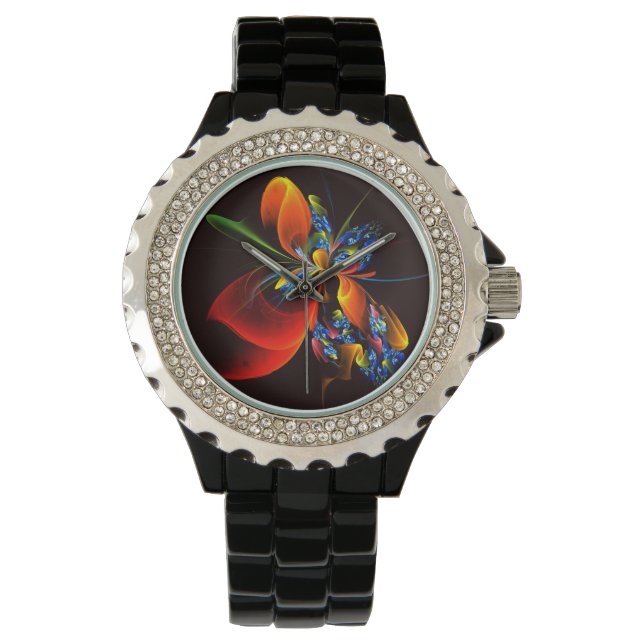 Blue Orange Floral Modern Abstract Art Pattern #03 Watch (Front)