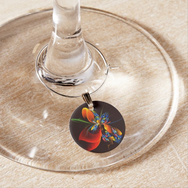Blue Orange Floral Modern Abstract Art Pattern #03 Wine Charm (In Situ)