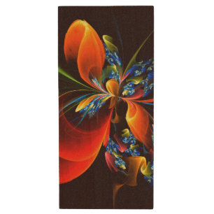 Blue Orange Floral Modern Abstract Art Pattern #03 Wood Flash Drive