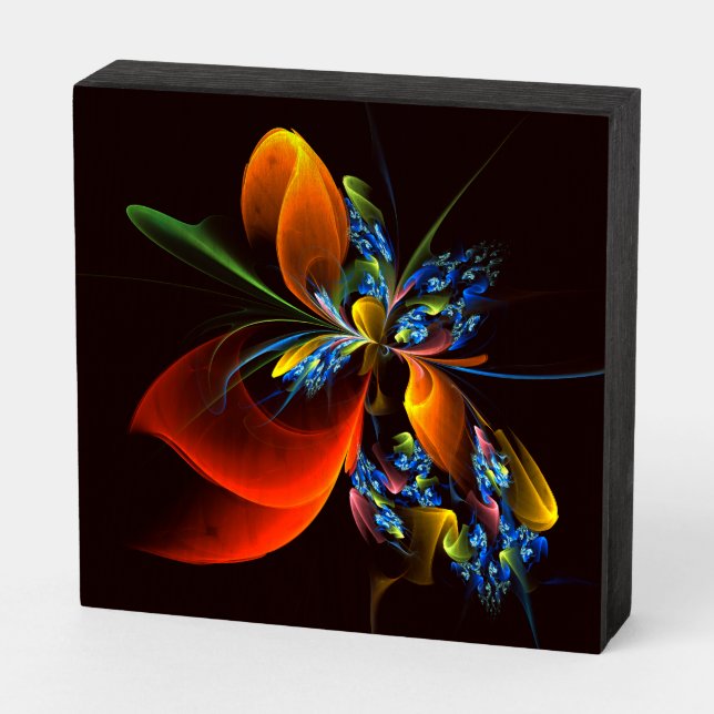 Blue Orange Floral Modern Abstract Art Pattern #03 Wooden Box Sign (Angled Horizontal)