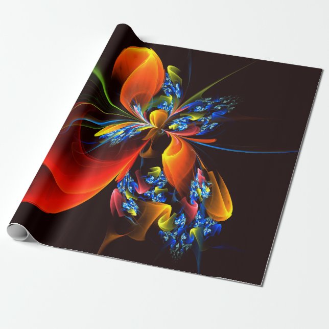 Blue Orange Floral Modern Abstract Art Pattern #03 Wrapping Paper (Unrolled)