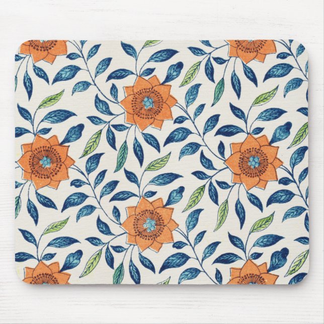 Blue & Orange Floral Pattern Mouse Pad (Front)