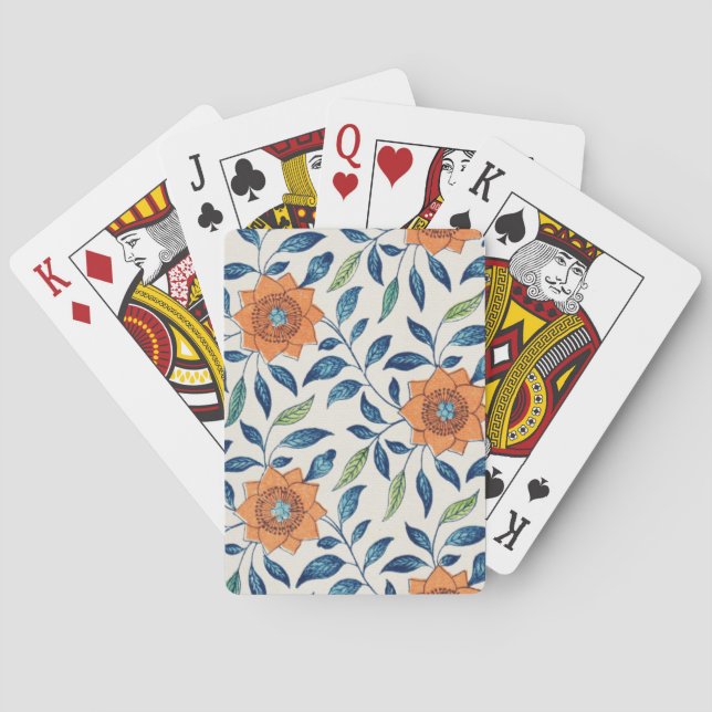 Blue & Orange Floral Pattern Poker Cards (Back)