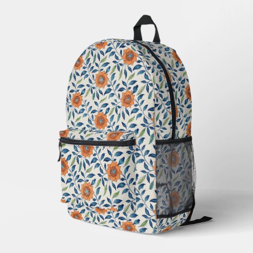 Blue  Orange Floral Pattern Printed Backpack