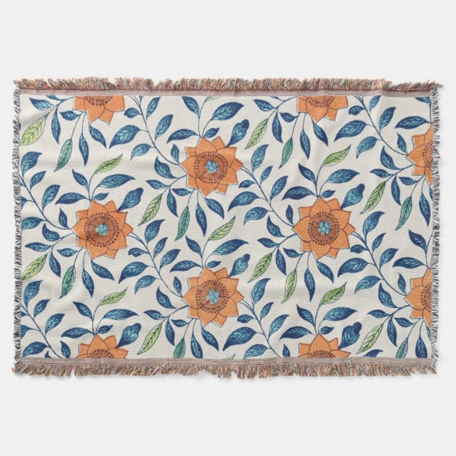 Blue & Orange Floral Pattern Throw Blanket (Front)