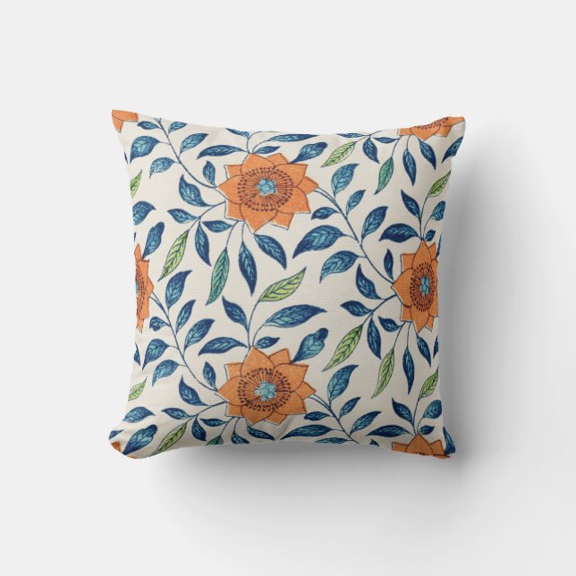 Blue & Orange Floral Pattern Throw Pillow (Front)