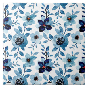 Blue orange floral rose pattern garden flowers ceramic tile
