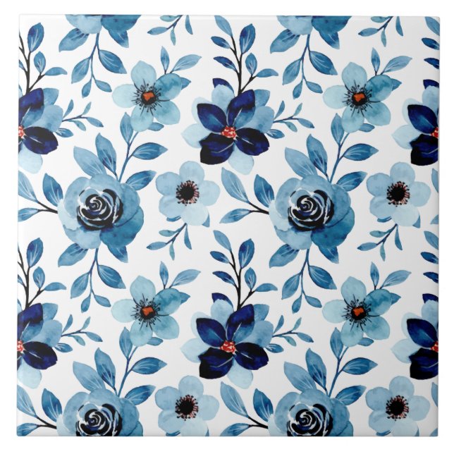 Blue orange floral rose pattern garden flowers ceramic tile (Front)