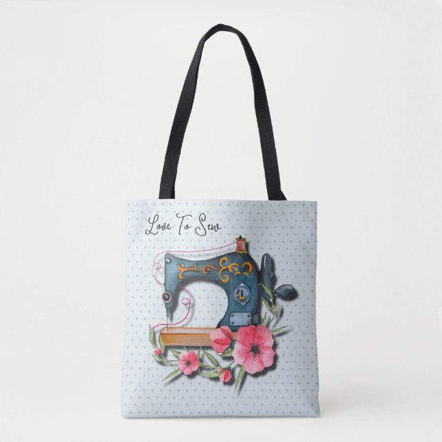 Blue Orange Floral Sewing Machine Knit Tote Bag (Front)
