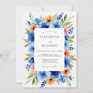 Blue Orange Floral Wedding Invitation