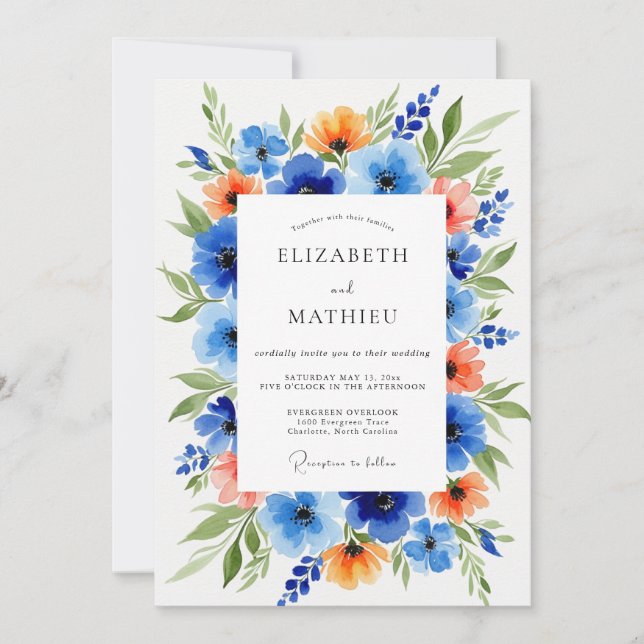 Blue Orange Floral Wedding Invitation (Front)