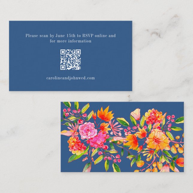 Blue Orange Floral Wedding RSVP Online QR Code Enclosure Card (Front/Back)