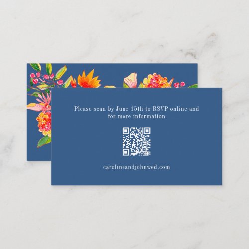 Blue Orange Floral Wedding RSVP Online QR Code Enclosure Card