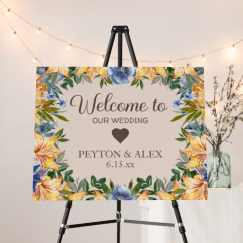 Blue Orange Floral Wedding Welcome Heart Foam Board