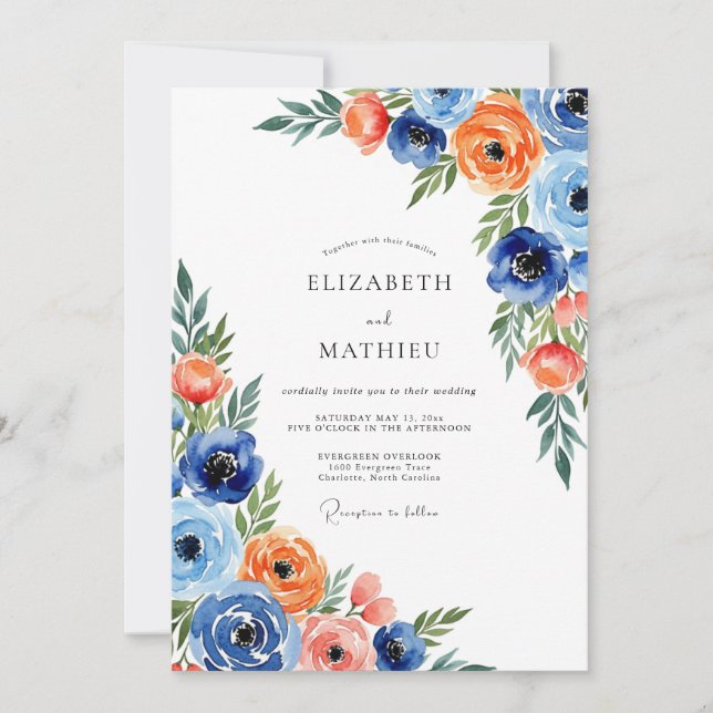 Blue Orange Floral Whimsical Wedding Invitation (Front)