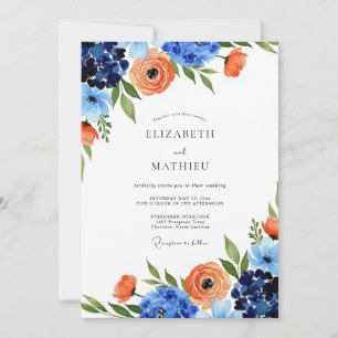 Blue Orange Floral Whimsy Wedding Invitation