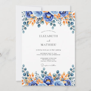 Blue Orange Floral Woodland Wedding Invitation
