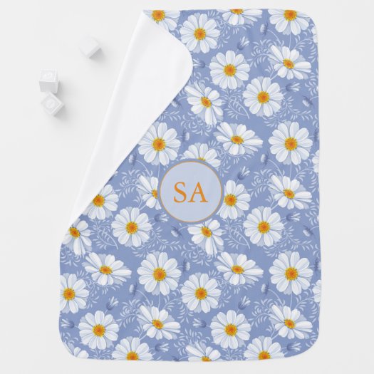 Blue, Orange Flower on Blue Background Monogrammed