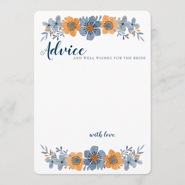 Blue & Orange Flower Wedding Advice Card Unlined (Front)