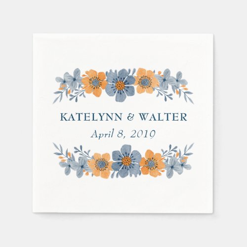 Blue  Orange Flower Wedding Custom Napkins