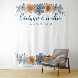 Blue & Orange Flower Wedding Photo Booth Backdrop