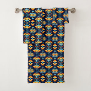 blue orange flowers Art Deco Bath Towel Set
