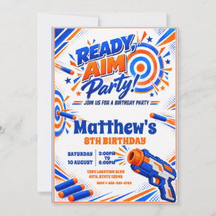 Blue Orange Foam Dart Target Birthday Invitation
