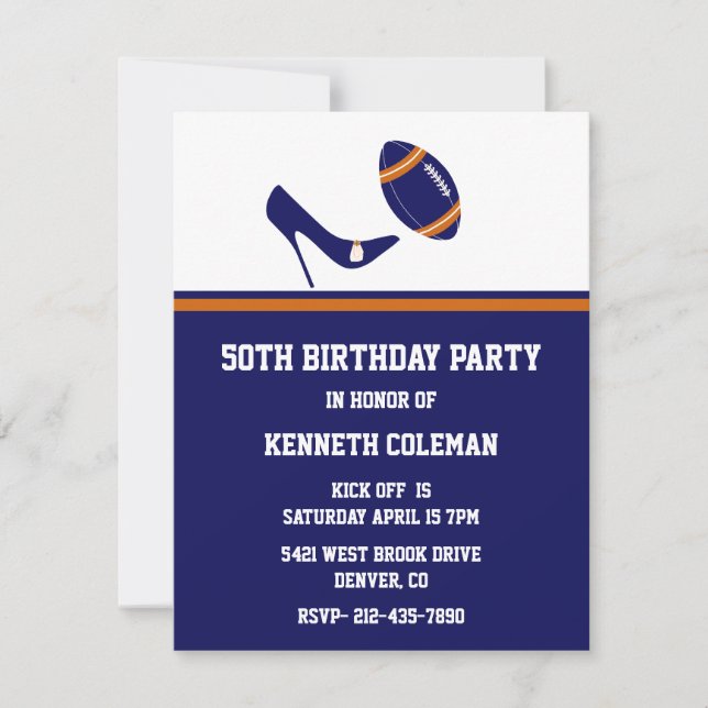Blue & Orange Football Birthday Party Save The Date (Front)