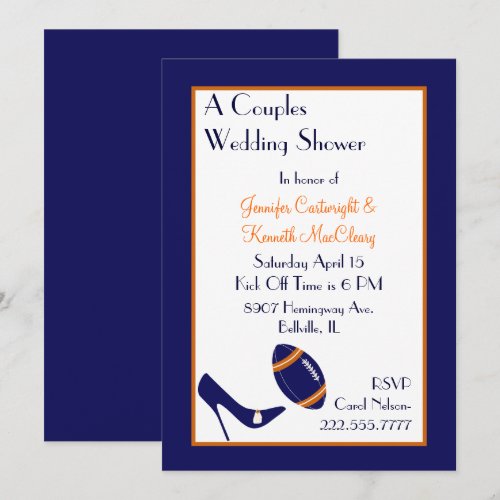 Blue &amp; Orange Football Couples Wedding Shower Invitations