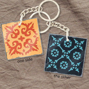 Blue Orange Geometric Tile Board Game Distressed Keychain