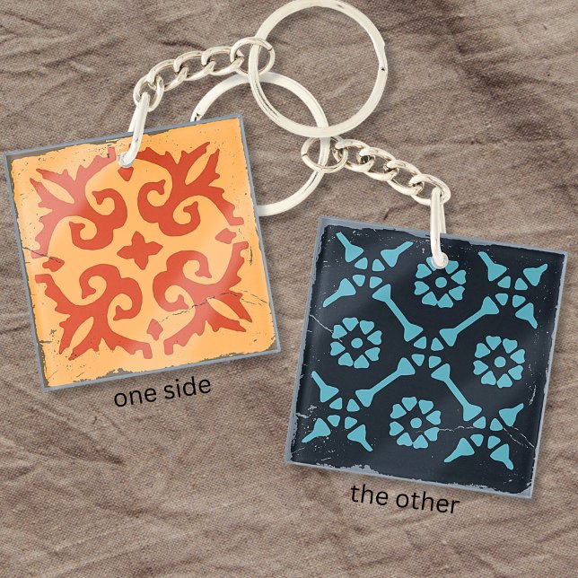 Blue Orange Geometric Tile Board Game Distressed Keychain (Creator Uploaded)