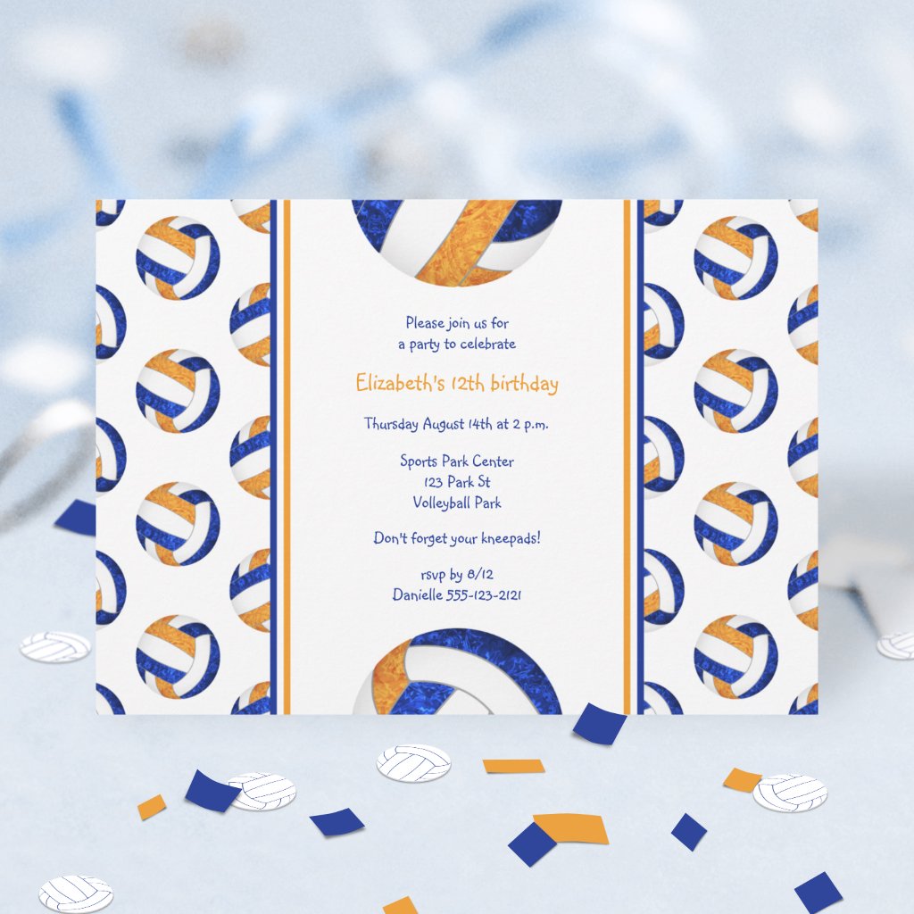 blue orange girls custom volleyball birthday party announcement